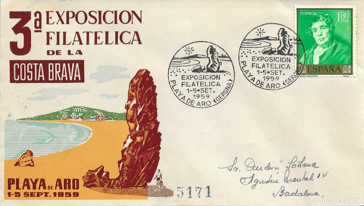 Sellos: COSTA BRAVA III EXPOSICION FILAT, PLAYA DE ARO (GERONA) 1959 MATASELLOS SOBRE EO-ALFIL CIRCULADO RWR