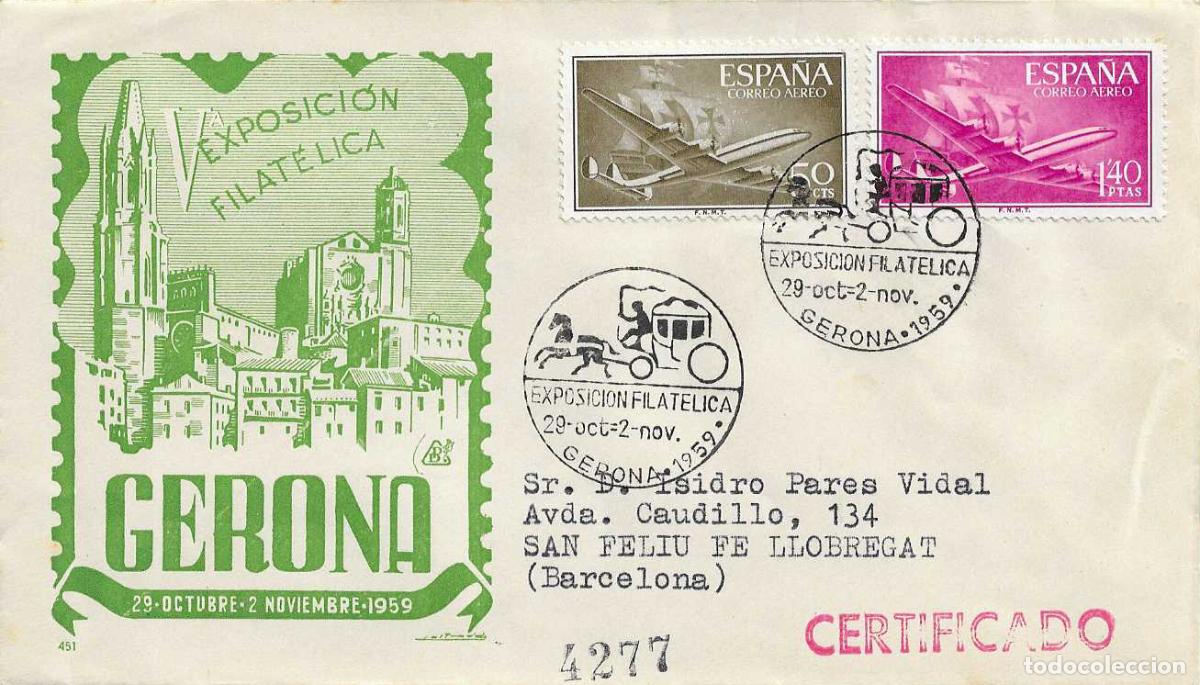 Sellos: V EXPOSICION FILATELICA, GERONA 1959. MATASELLOS EN SOBRE CIRCULADO DP CATEDRAL RARO ASI