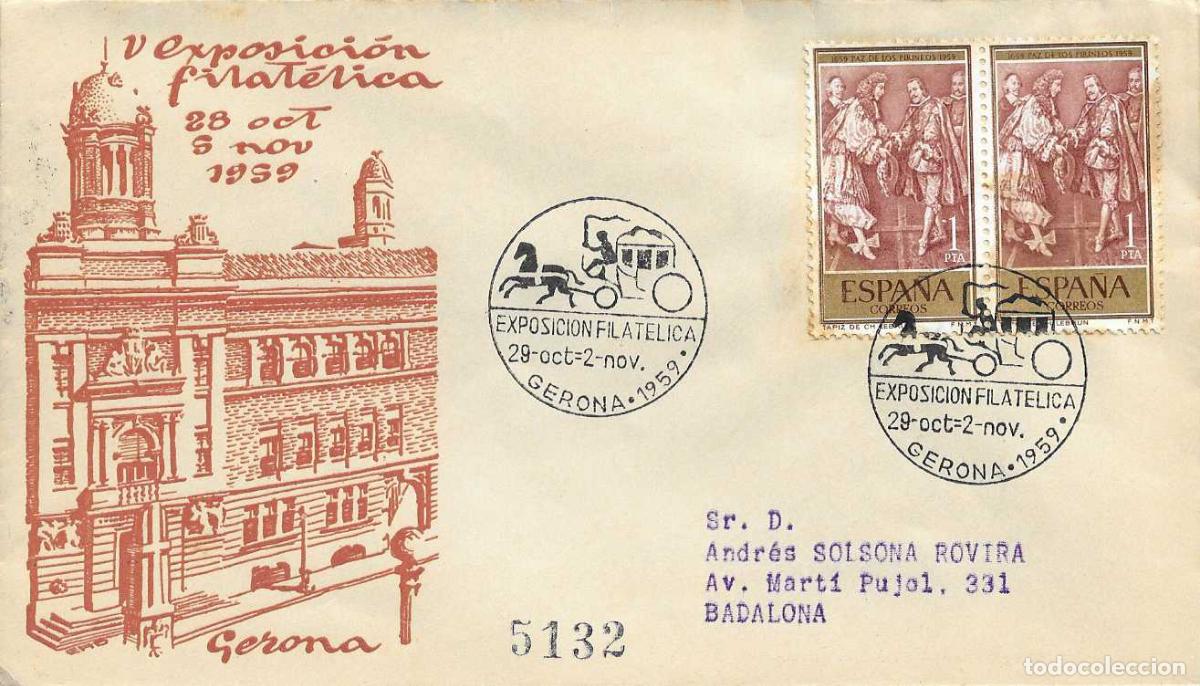 Sellos: V EXPOSICION FILATELICA, GERONA 1959. RARO MATASELLOS EN SOBRE CIRCULADO Y NUMERADO EO-ALFIL RWR