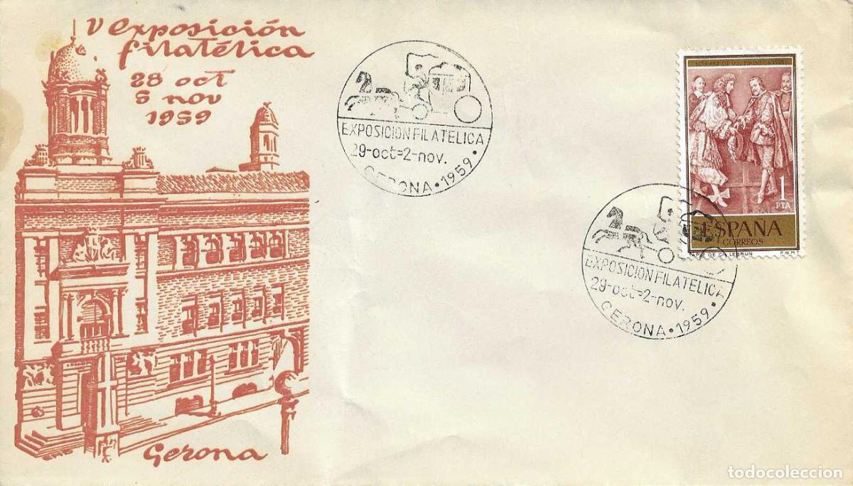 Sellos: V EXPOSICION FILATELICA, GERONA 1959. RARO MATASELLOS EN SOBRE NUMERADO SIN CIRCULAR EO-ALFIL RWR