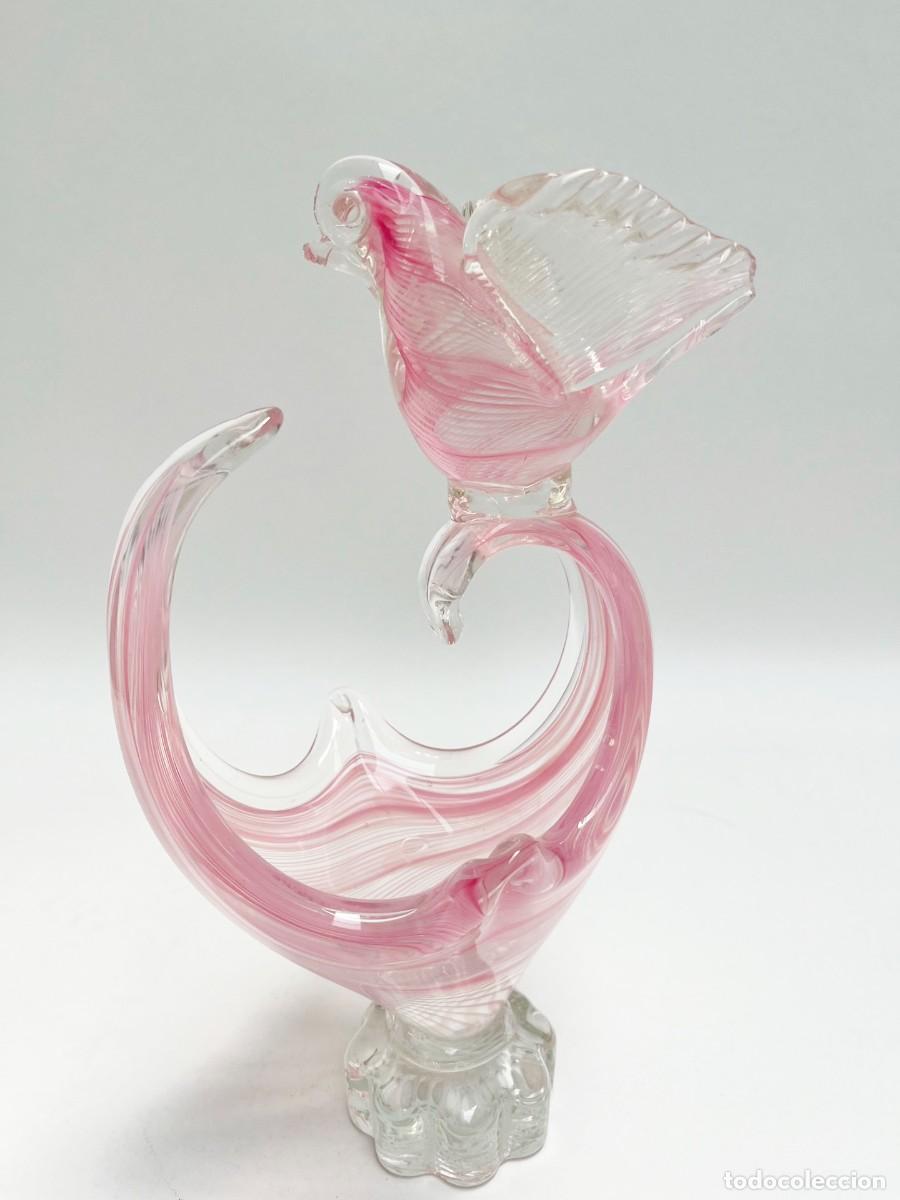 Jarrón decorado con pajaro cristal de murano rosa y transparente OJO, PICO ROTO