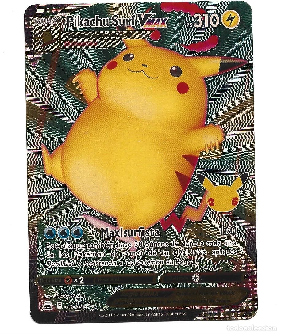 CROMO DE POKÉMON VMAX PIKACHU SURF VMAX PS 310 DEL AÑO 2021 COLOR ORO