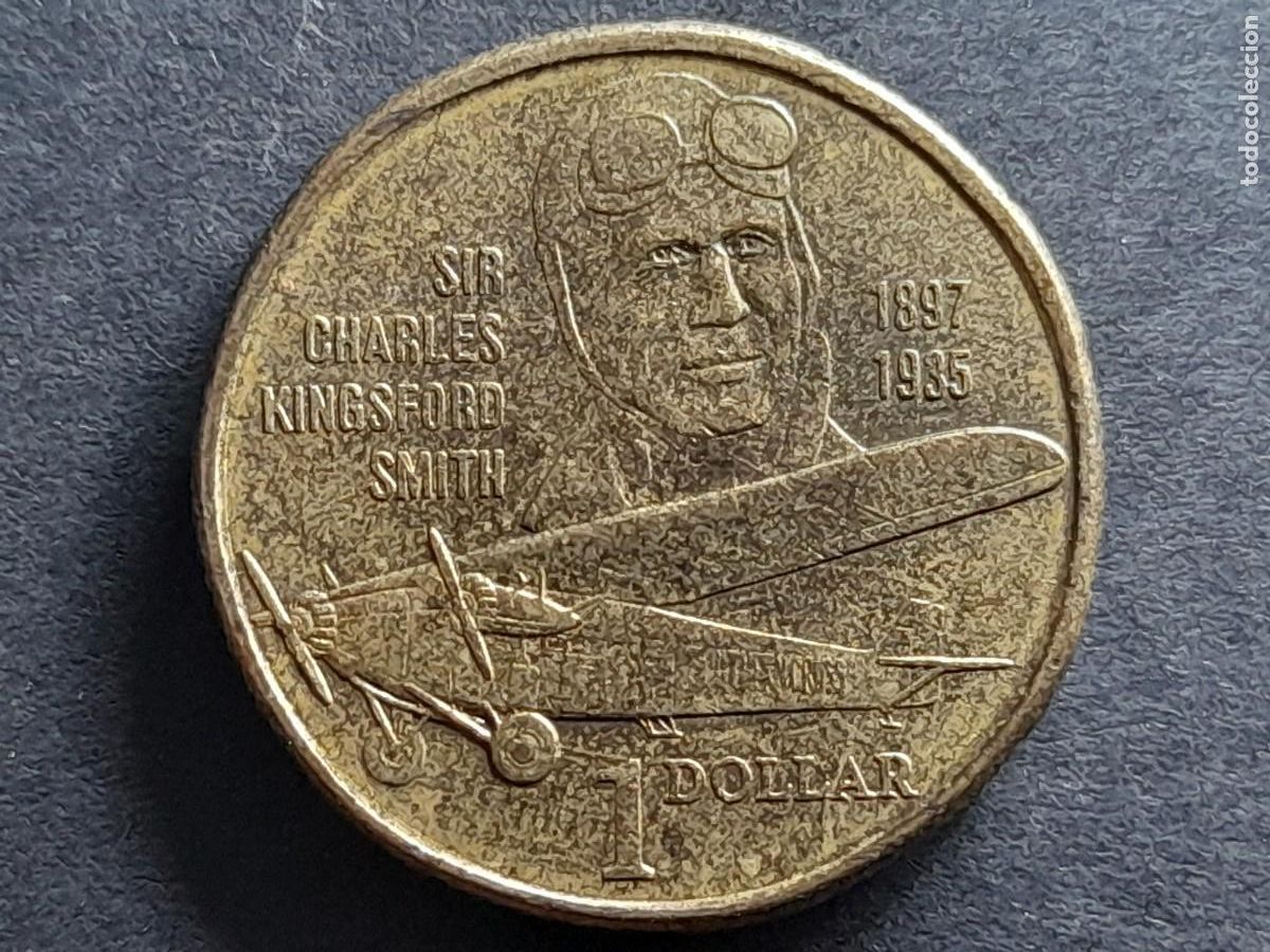 Moneda 1 Dolar 1997 Australia KM 327 BC, Reina Isabel II, 100º aniv, Charles Kingford Smith