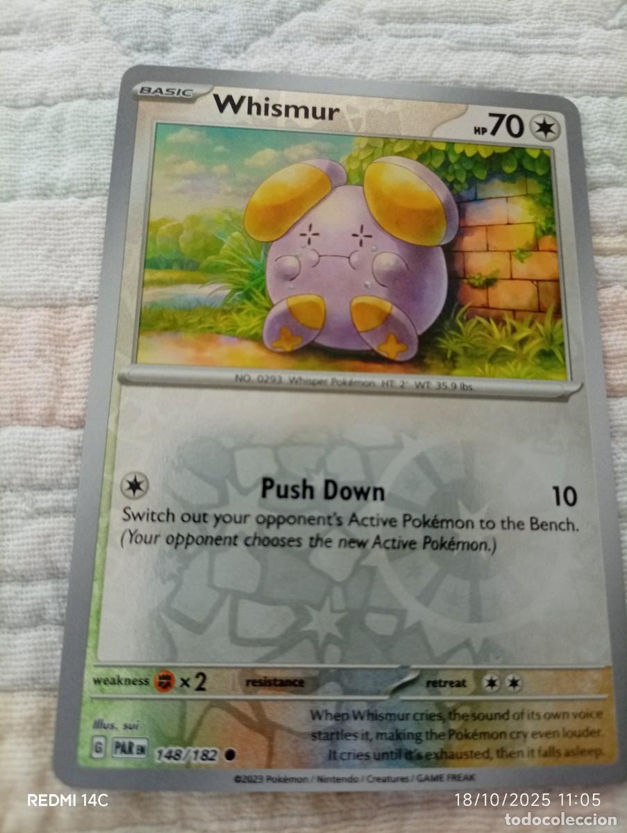 Carta de Pokémon Whismur, número 148/182, en inglés. Holo - Tipo: Básico - HP: 70 -