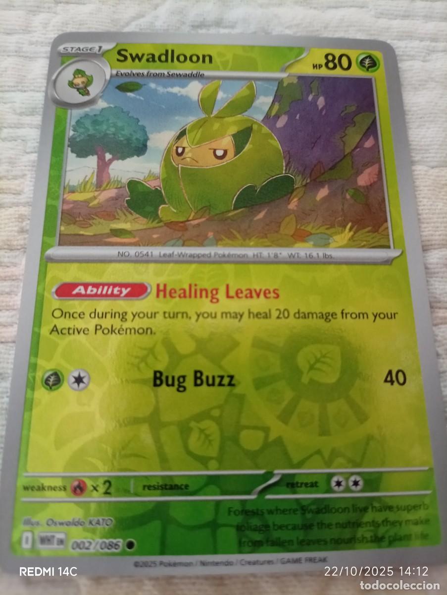Carta de Pokémon de Swadloon, número 002/086, en inglés. Es una carta de etapa 1. Holo -
