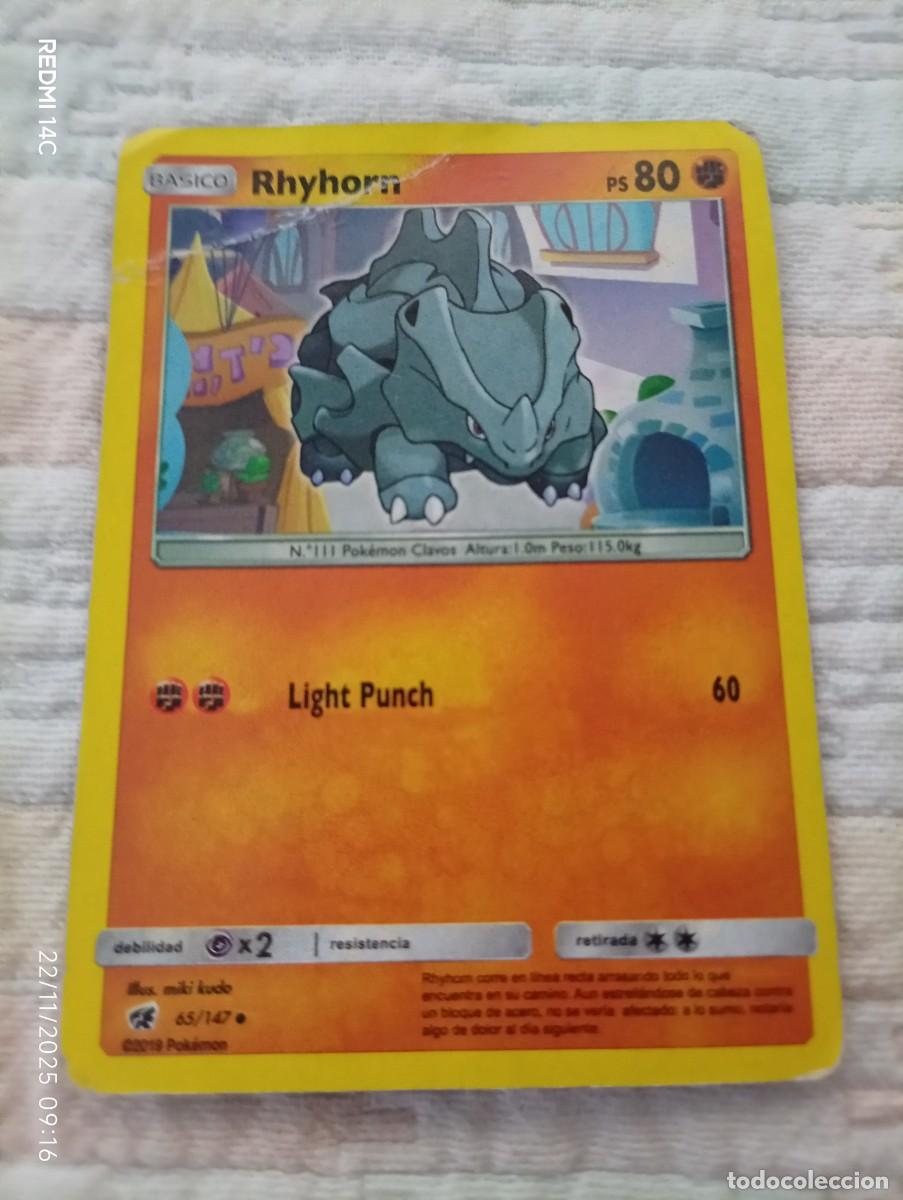 Carta Pokémon de Rhyhorn, edición de 2019. - Número de carta: 65/147. - PS: 80. -