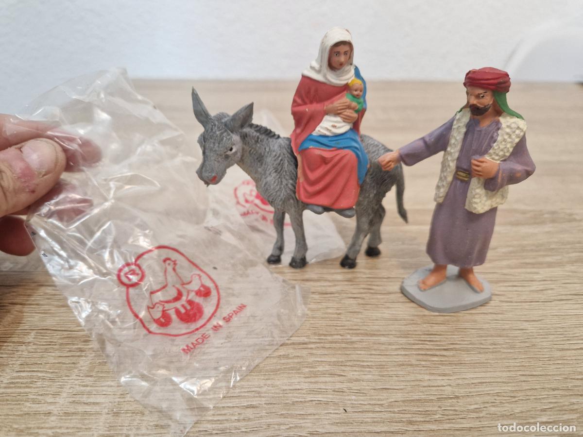 antigua figura de belen 10 cm pvc huida a egipto burro niño jesus Maria y José Pech Oliver