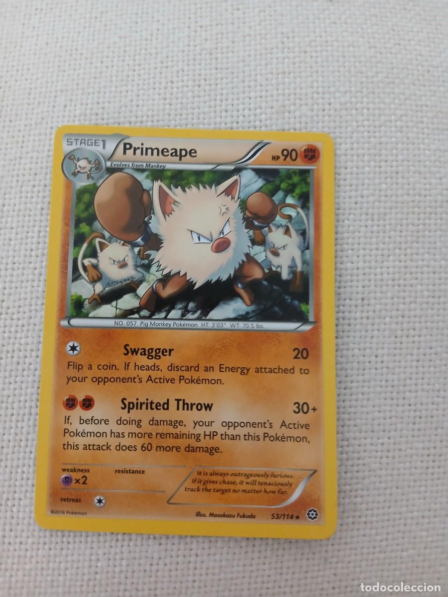 Carta de Pokémon de Primeape, número 53/114, del año 2016. La carta está en inglés. - Etapa 1: Evol
