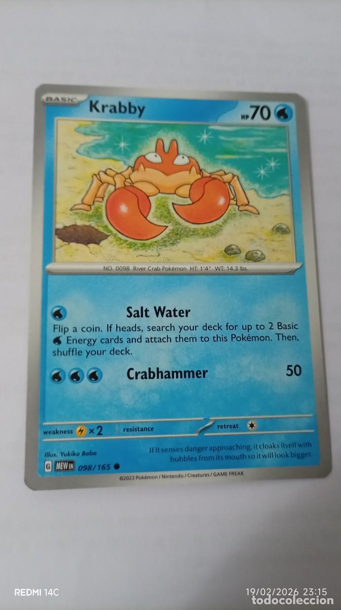 Carta Pokémon de Krabby, número 98/165, del año 2023. Edición en inglés. - Tipo: Básico - HP: 70 -