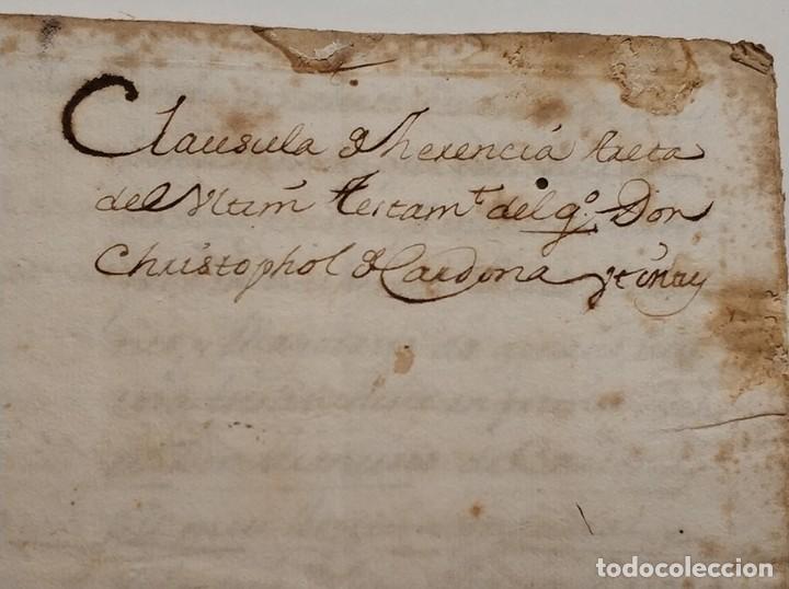 Manuscrito clausula herencia Cristóbal Cardona