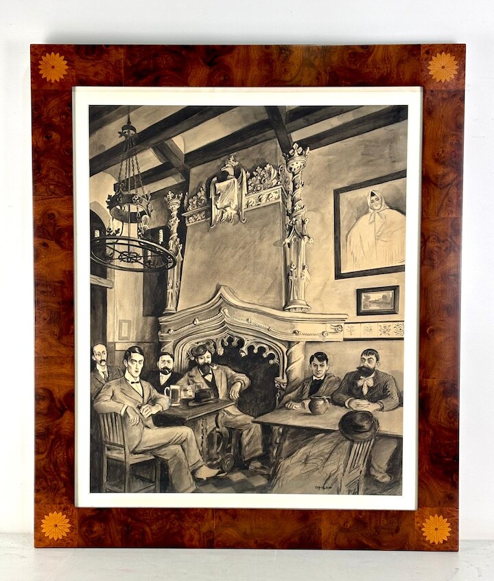 Acuarela de Ricardo Opisso. Els 4 Gats. Están retratados Ramón Casas, Santiago Rusiñol y Joaquín Mir entre otros. Excentric Art