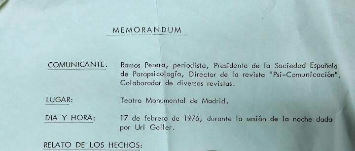 Informe elaborado por el investigador Ramos Perea, conocido por haber desenmascarado los trucos de Uri Geller