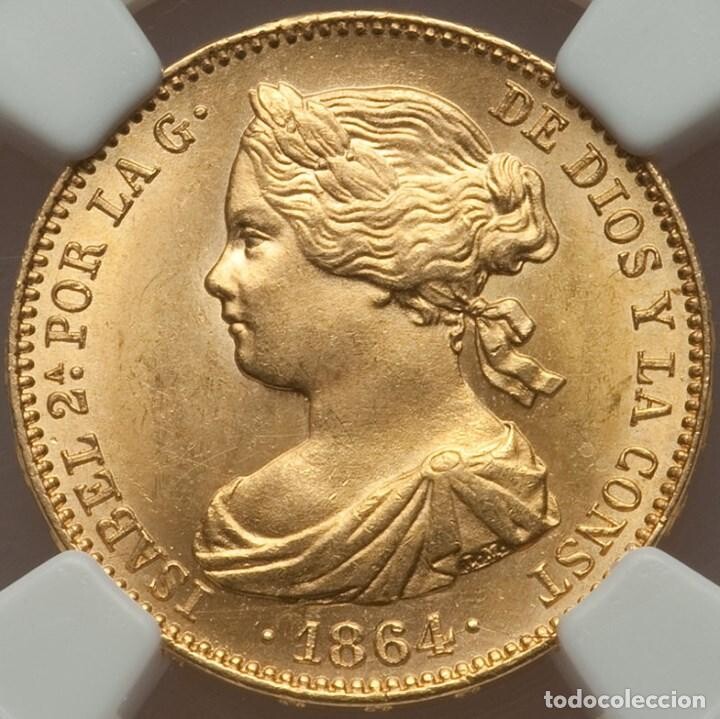 Flor de cuño. Isabel II 100 reales oro Madrid 1864. Encapsulada. Sin circular. 