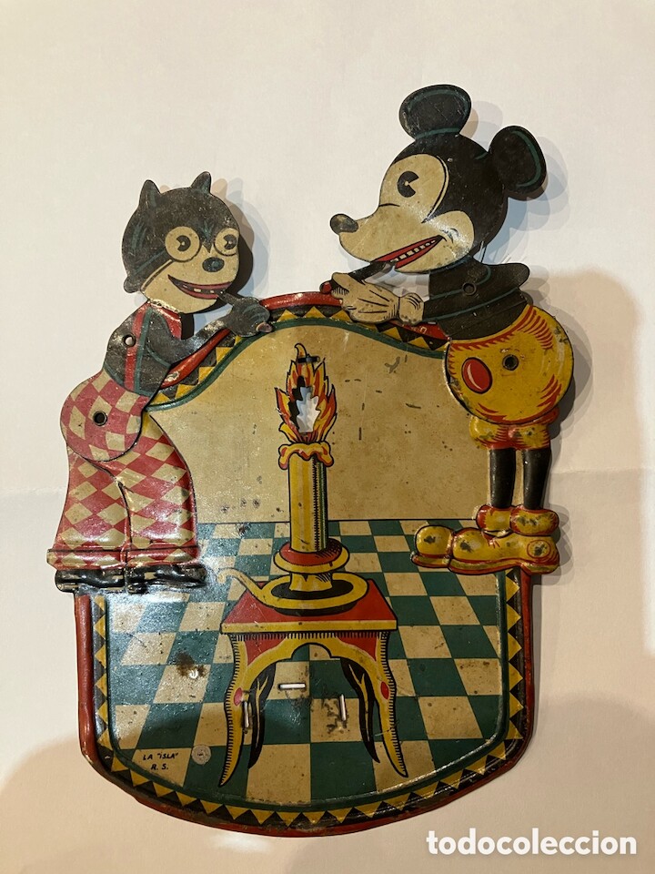 Juguete antiguo de hojalata Mikey y Félix el gato