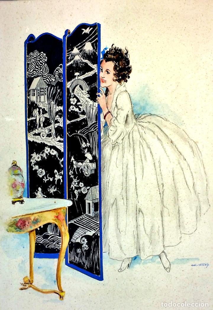 Retrato de dama en acuarela sobre papel, firmado Opi-Viley, 1920.