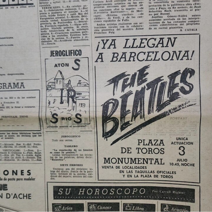 Anuncio concierto de Beatles en Plaza de Toros Monumental de Barcelona 3 de julio de 1965