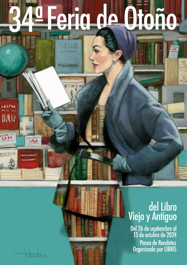  Cartel de la 34ª edición de la Feria de Otoño del Libro Viejo y Antiguo de Madrid diseñado por el pintor e ilustrador, Fernando Vicente.