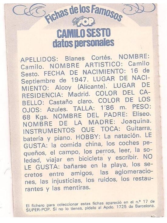 Fichas de los famosos de SuperPop Camilo Sesto
