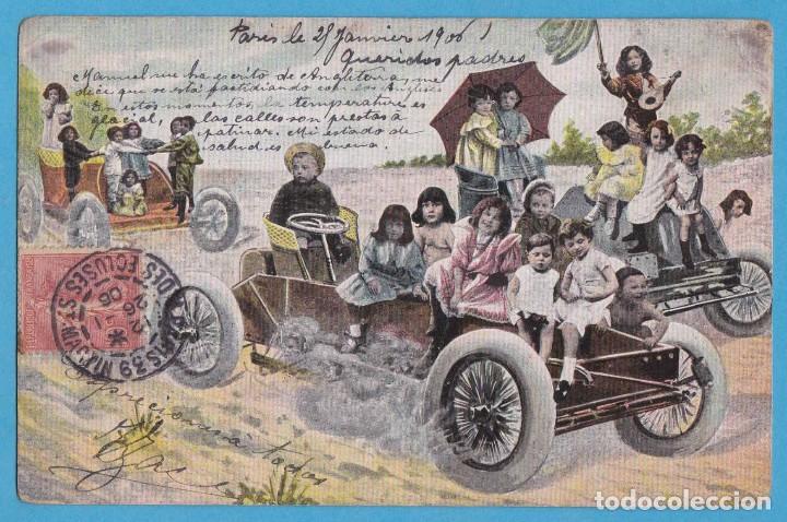 Postal modernista con niños en autos