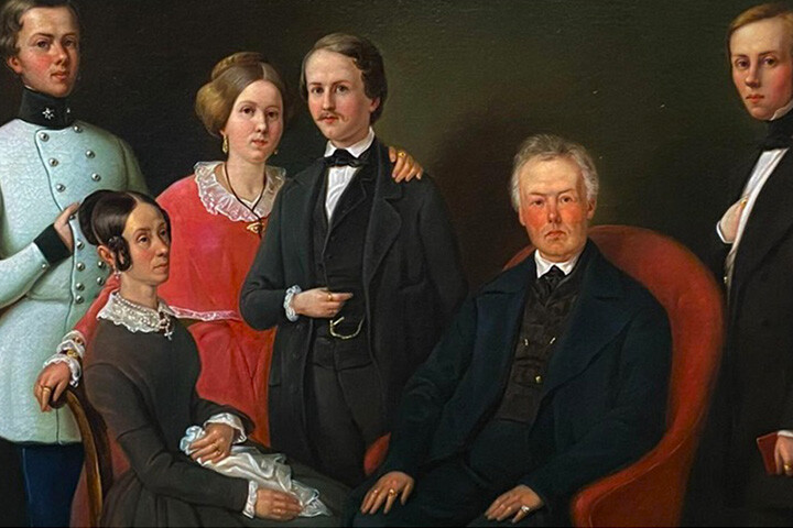 Retrato al óleo de familia escuela romántica alemana s. XIX.