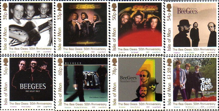 Sellos conmemorativos 50 aniversario The Bee Gees Isla de Man Filatelia