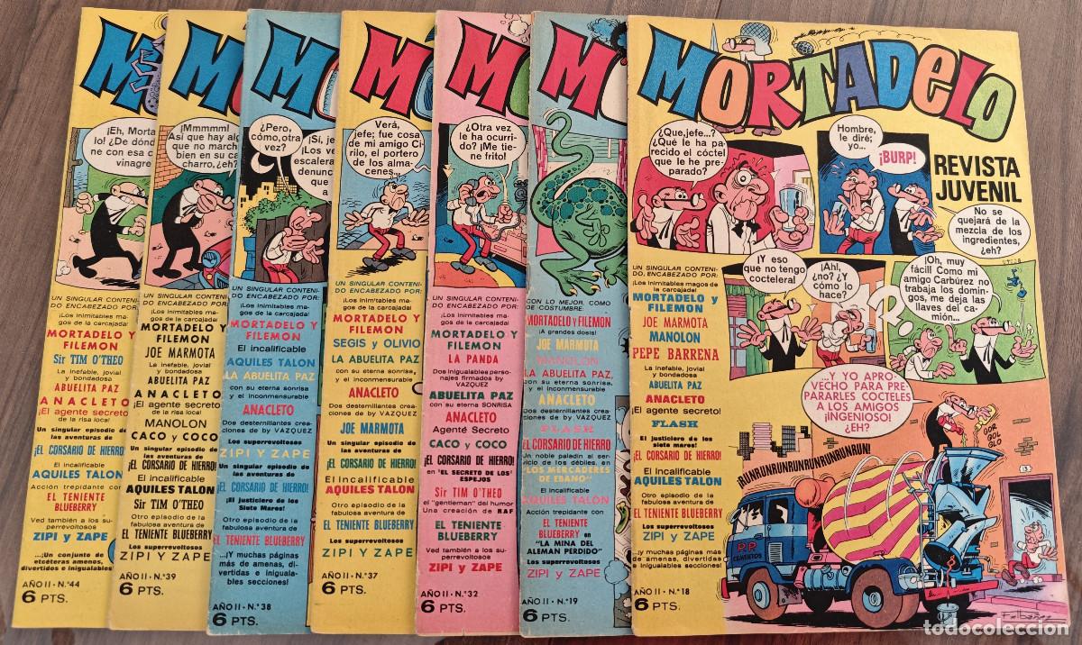 Tebeos: MORTADELO n&ordm; 18, 19, 32, 37, 38, 39 y 44 (Bruguera 1971) 7 tebeos.