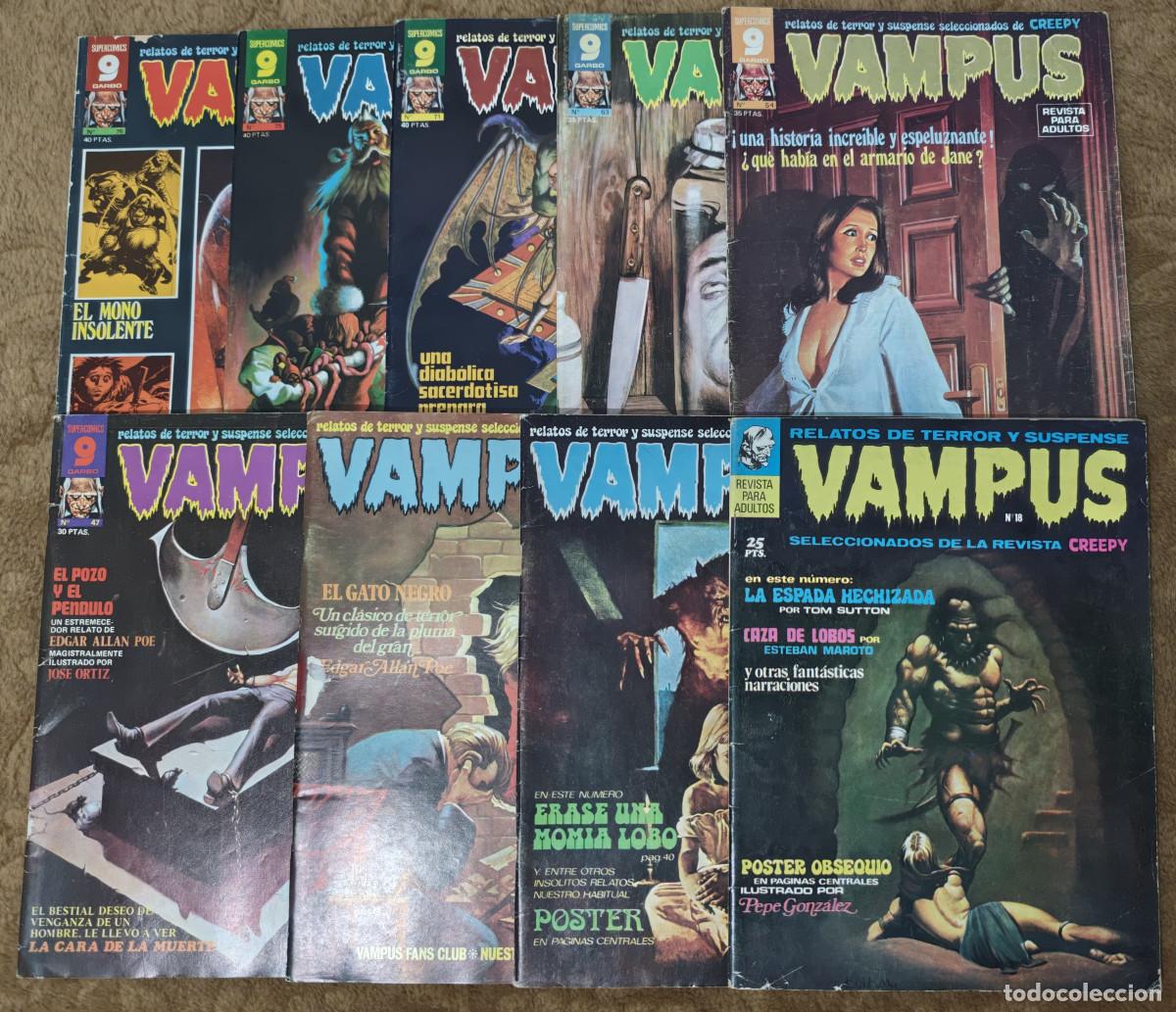 BDs: VAMPUS n&ordm; 18, 34, 36, 47, 54, 63, 71, 75 y 76 (Ibero Mundial/Garbo 1973/78) 9 tebeos.
