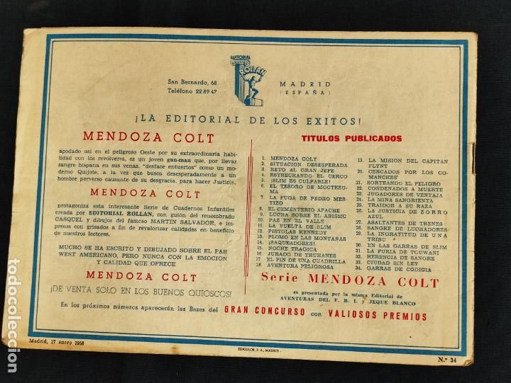 Tebeos: MENDOZA COLT - N&ordm; 34 - GARRAS DE CODICIA - ORIGINAL - ROLLAN - Foto 2