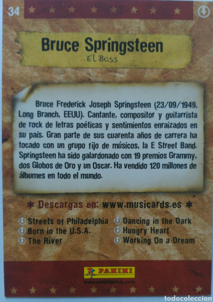 Trading cards: Cromo 34 Panini, Musicards PANINI. Bruce Springsteen - Foto 2