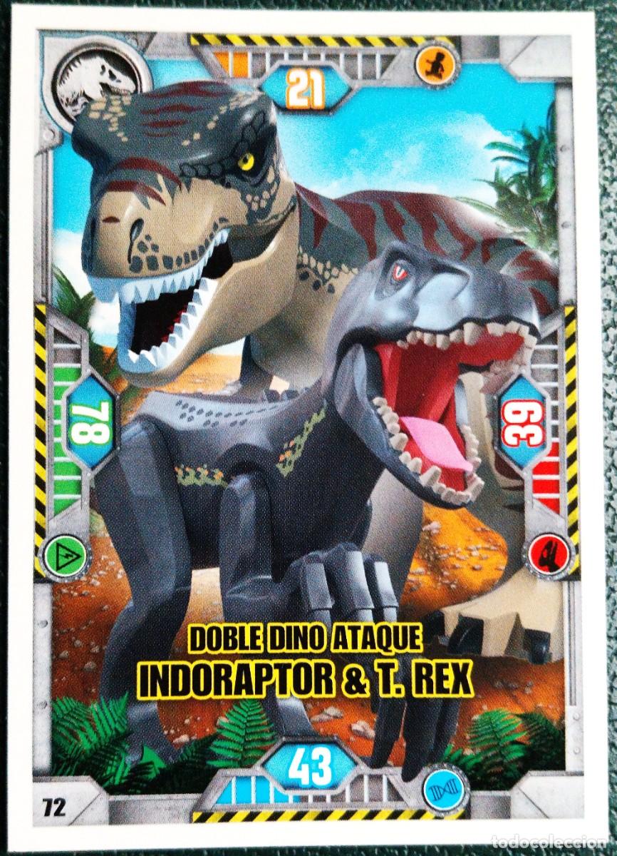 Sammelkarten: 72 DOBLE DINO ATAQUE INDORAPTOR & T.REX CROMOS LEGO JURASSIC WORLD TRADING CARD GAME 2021