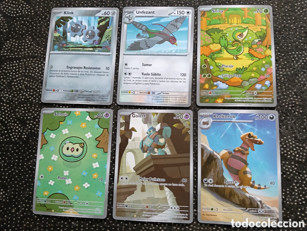 Trading Cards: Lote de 6 cartas POK&Eacute;MON - Snivy, Sol&iacute;s, Golett, Klink, Unfezant y Krokorok, todas nuevas