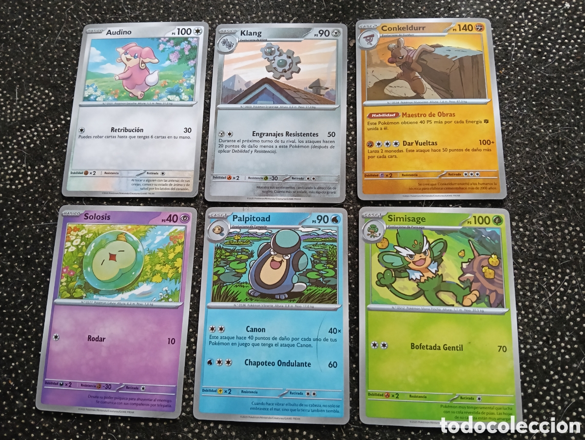 Trading Cards: Lote de 6 cartas POK&Eacute;MON - Audino, Klang, Conkeldurr, Sol&iacute;s, Palpitoad y Simisage, todas nuevas