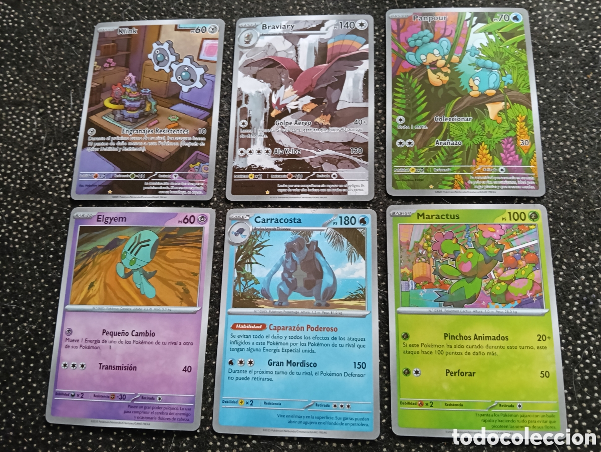 Trading Cards: Lote de 6 cartas POK&Eacute;MON - Klink, Braviary, Panpour, Elgyem, Carracosta y Maractus, todas nuevas