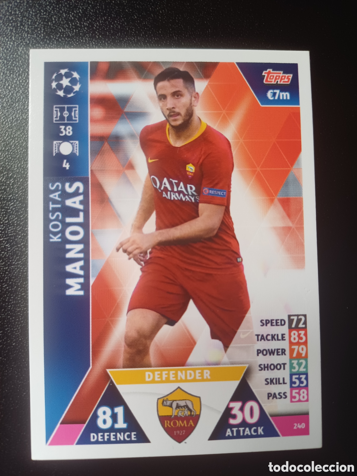 Cartas Colecion&aacute;veis: #240 KOSTAS MANOLAS AS ROMA TOPPS MATCH ATTAX 2018/19