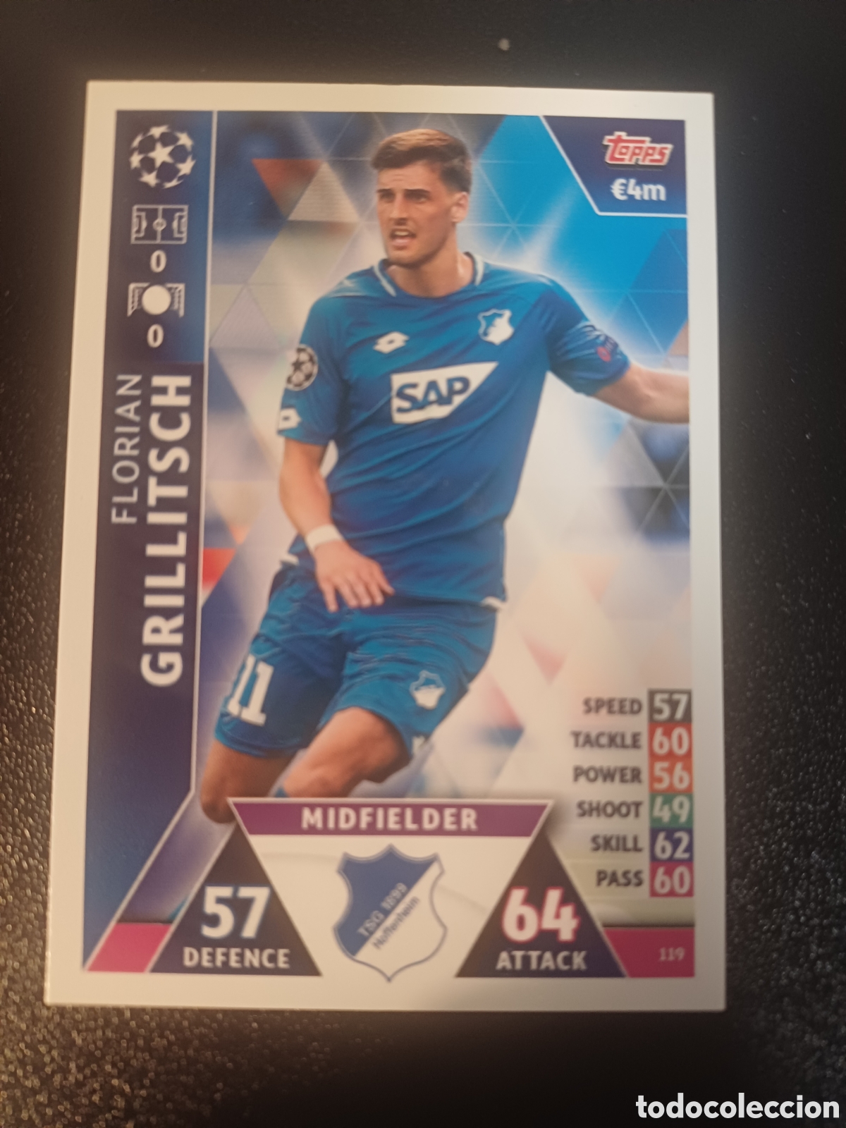 Cartas Colecion&aacute;veis: #119 FLORIAN GRILLITSCH TSG 1899 HOFFENHEIM TOPPS MATCH ATTAX 2018/19