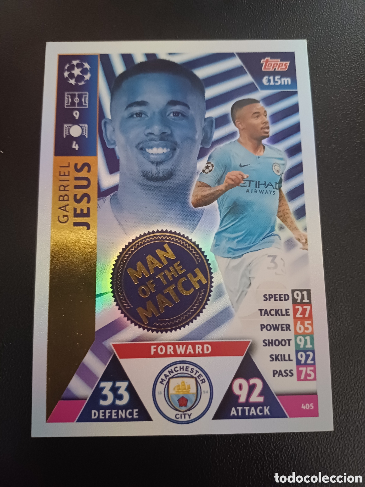 Sammelkarten: #405 GABRIEL JESUS MANCHESTER CITY MAN OF THE MATCH TOPPS MATCH ATTAX 2018/19