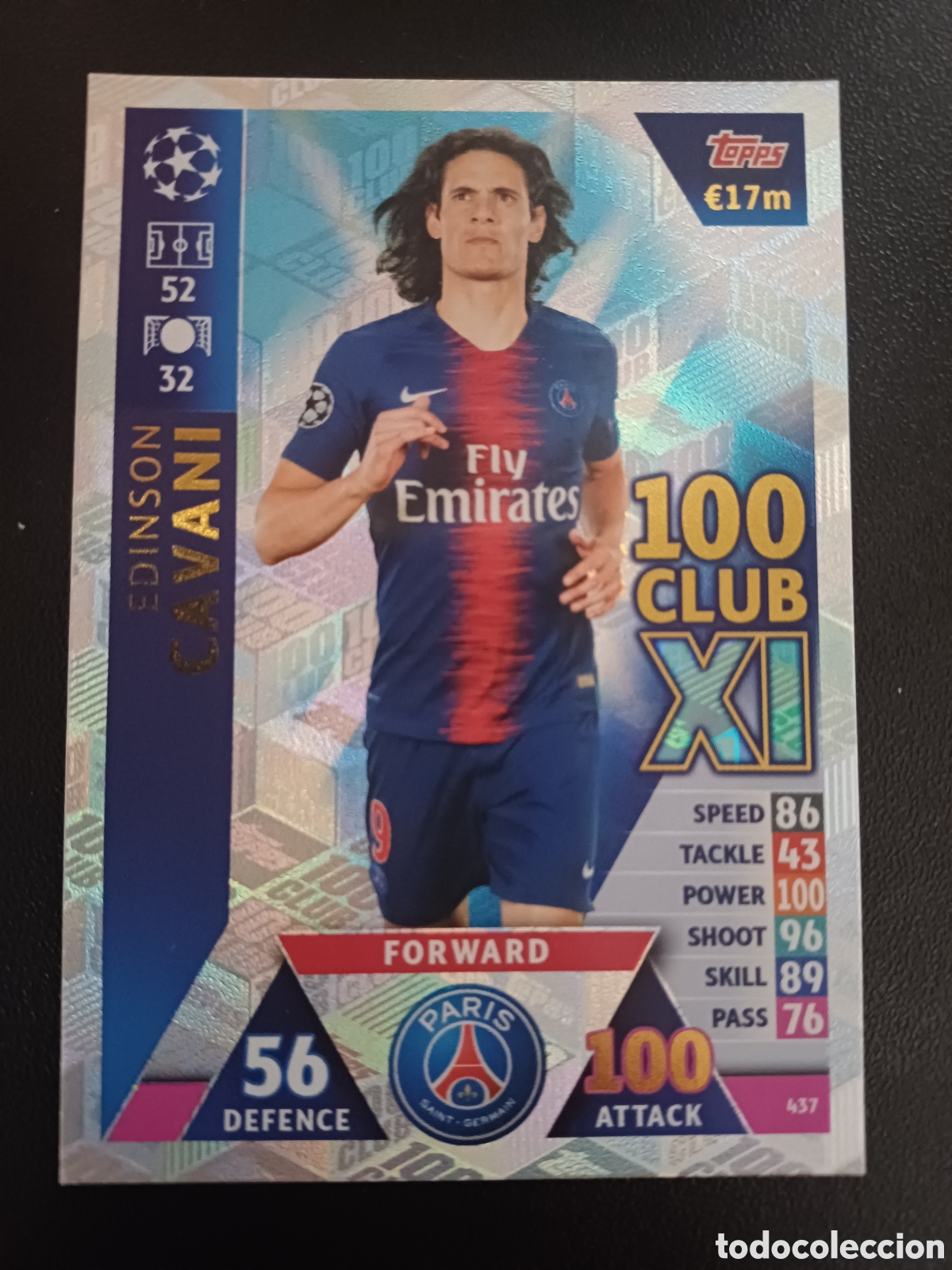 Cartas Colecion&aacute;veis: #437 EDINSON CAVANI PARIS SAINT GERMAIN 100 CLUB XL TOPPS MATCH ATTAX 2018/19