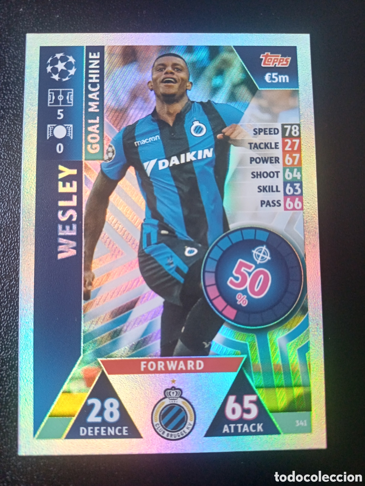 Cartas Colecion&aacute;veis: #341 WESLEY GOAL MACHINE CLUB BRUGGE TOPPS MATCH ATTAX 2018/19