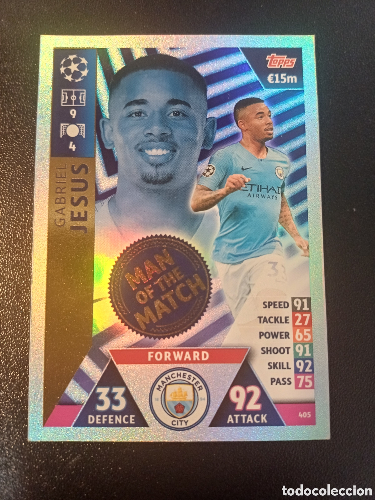 Sammelkarten: #405 GABRIEL JESUS MANCHESTER CITY MAN OF THE MATCH TOPPS MATCH ATTAX 2018/19