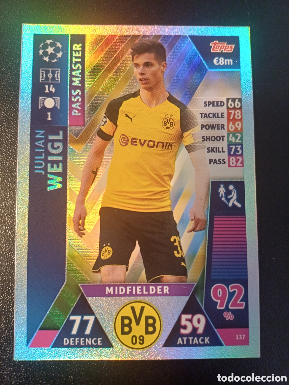 Cartas Colecion&aacute;veis: #137 JULIAN WEIGL BORUSSIA DORTMUND PASS MASTER TOPPS MATCH ATTAX 2018/19