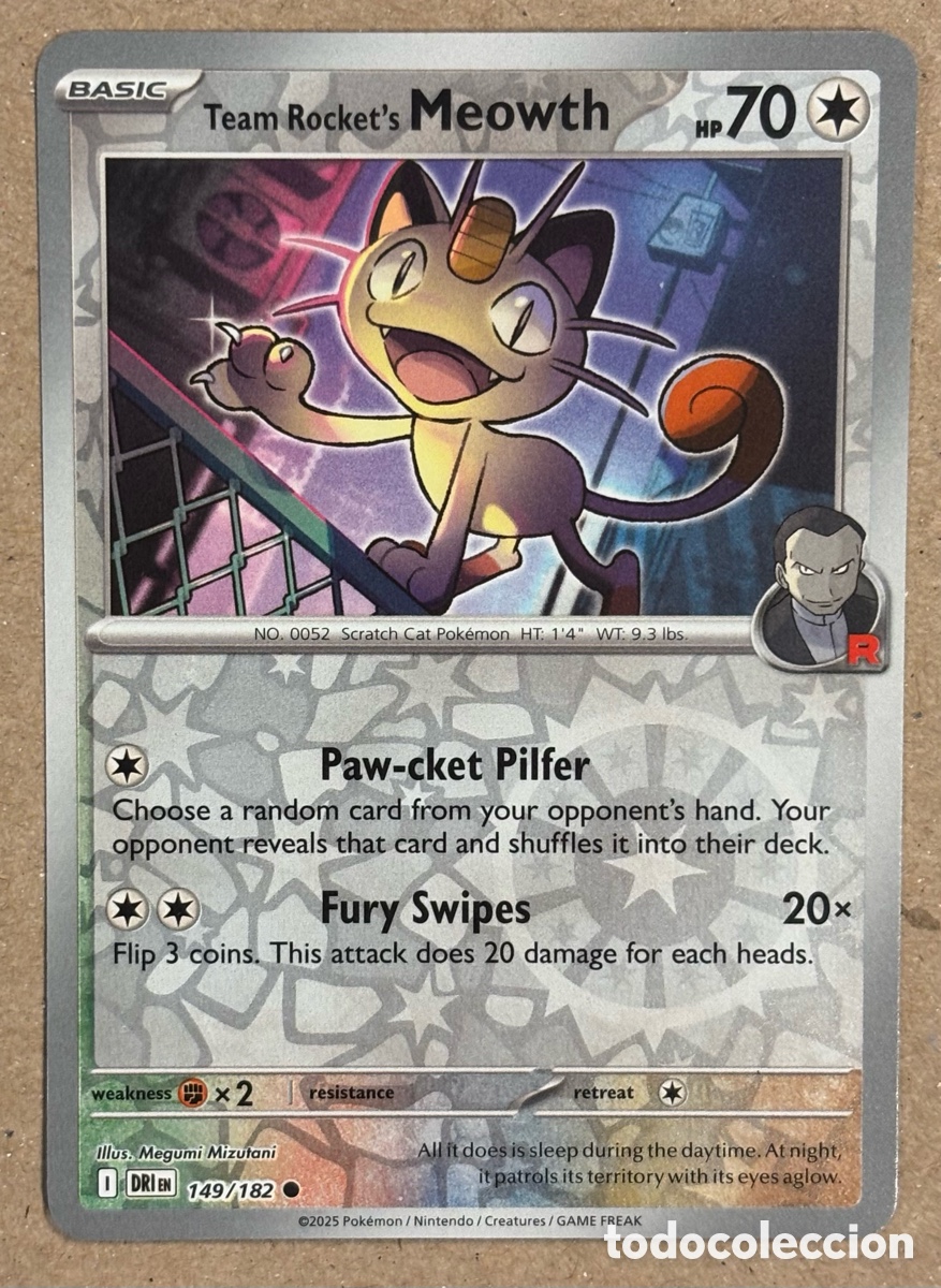 Trading Cards: TEAM ROCKET&rsquo;S MEOWTH. CARTA POK&Eacute;MON REVERSE HOLO #149/182. SCARLET & VIOLET: DESTINED RIVALS