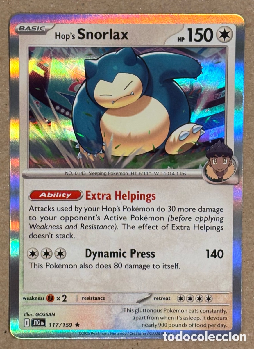 Trading Cards: HOP&rsquo;S SNORLAX. CARTA POK&Eacute;MON HOLO #117/159. SCARLET & VIOLET: JOURNEY TOGETHER (JTGen).