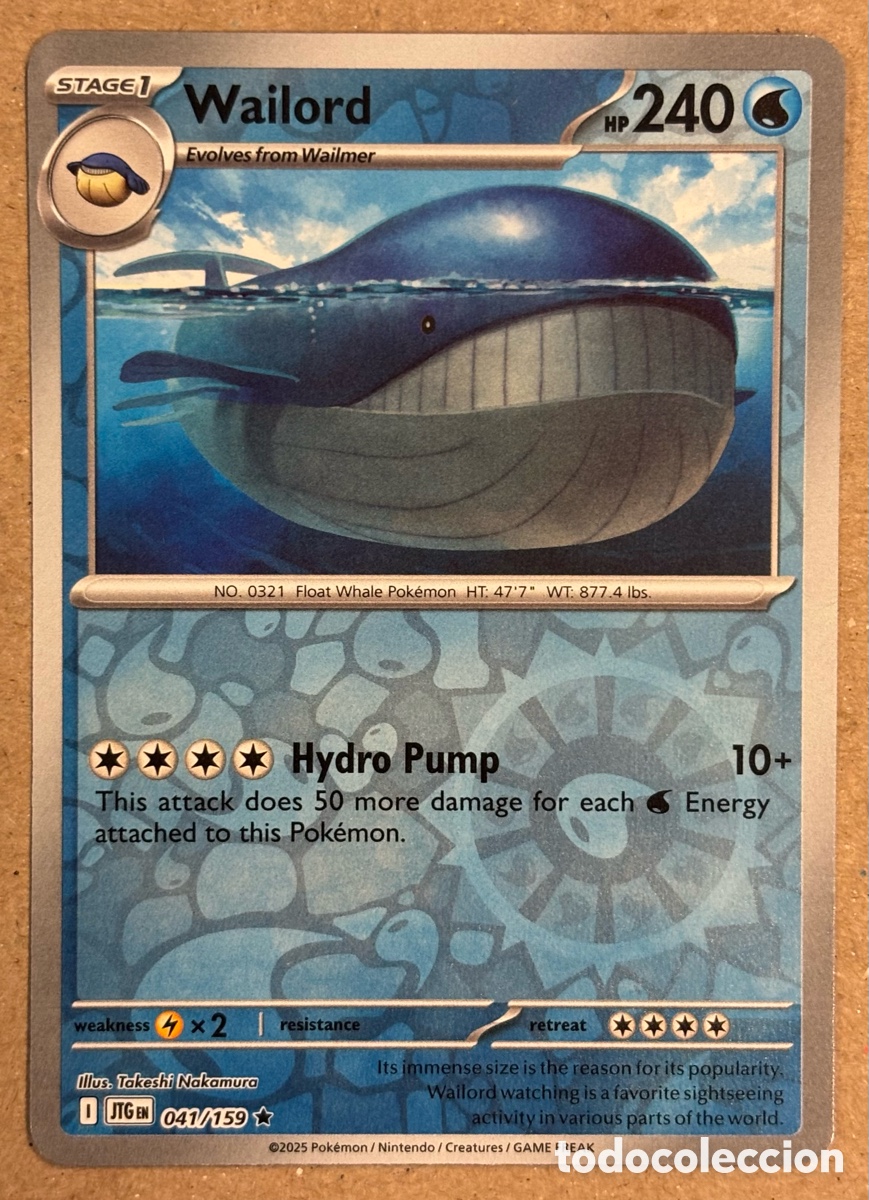 Trading Cards: WAILORD. CARTA POK&Eacute;MON REVERSE HOLO #041/159. SCARLET & VIOLET: JOURNEY TOGETHER (JTGen).