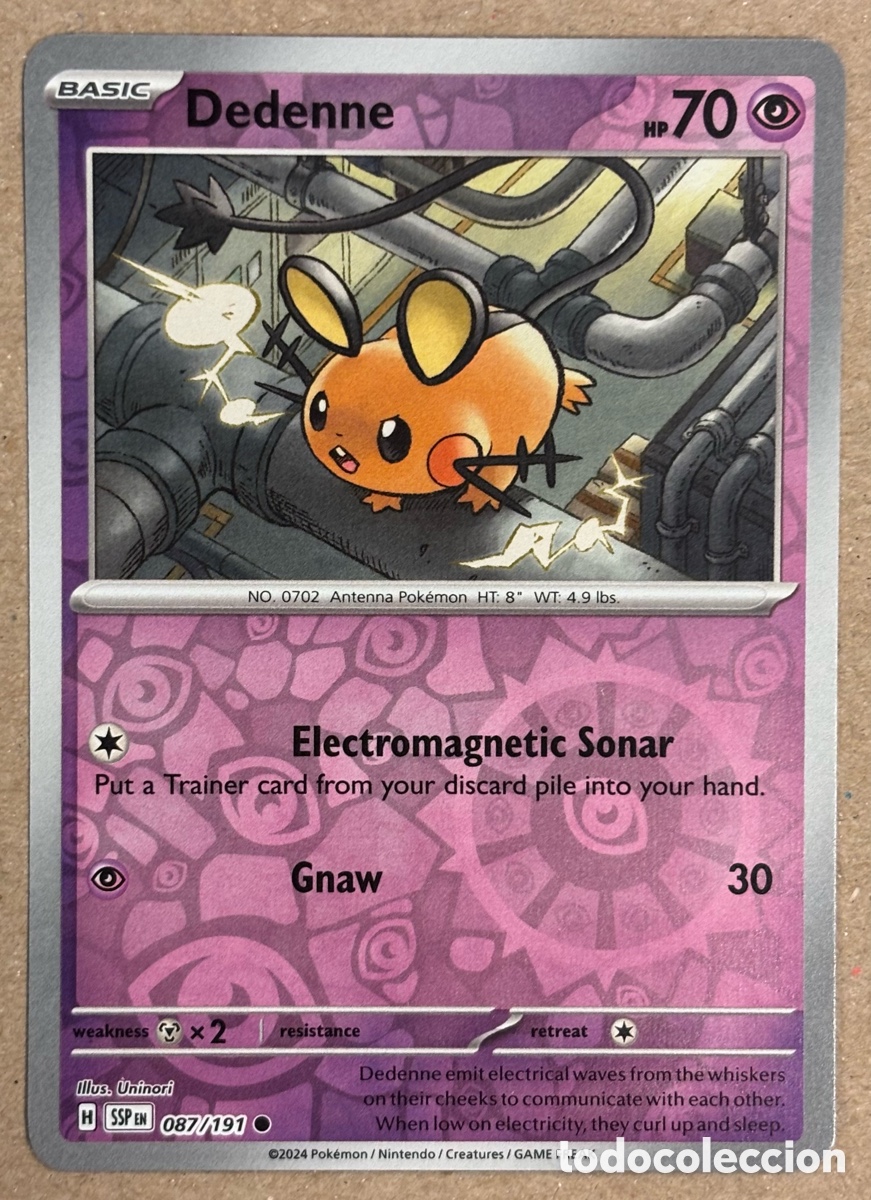 Trading Cards: DEDENNE. CARTA POK&Eacute;MON REVERSE HOLO #087/191. SCARLET & VIOLET: SURGING SPARKS (SSPen).