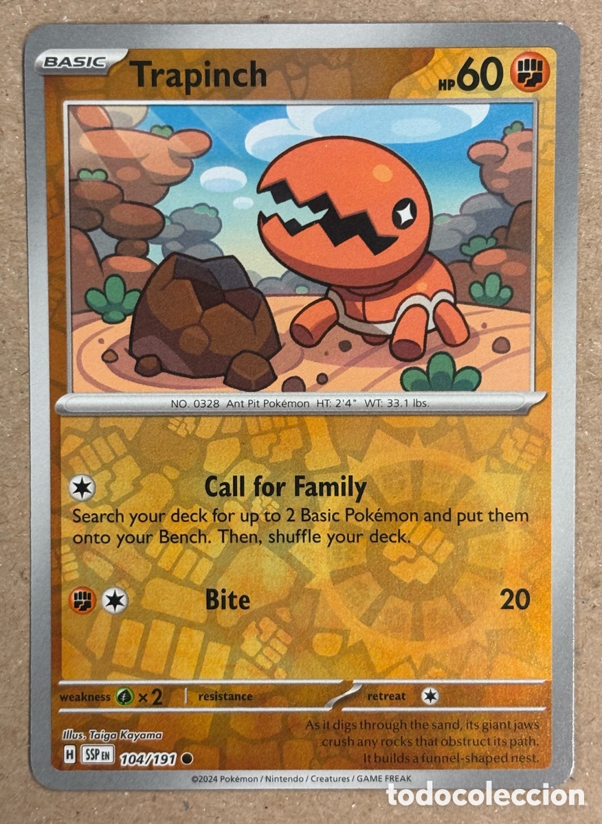 Trading Cards: TRAPINCH. CARTA POK&Eacute;MON REVERSE HOLO #104/191. SCARLET & VIOLET: SURGING SPARKS (SSPen).