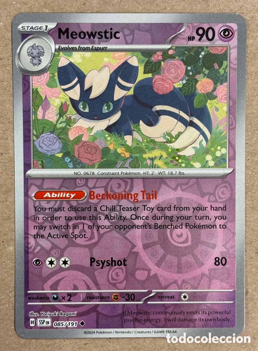 Trading Cards: MEOWSTIC. CARTA POK&Eacute;MON REVERSE HOLO #085/191. SCARLET & VIOLET: SURGING SPARKS (SSPen).