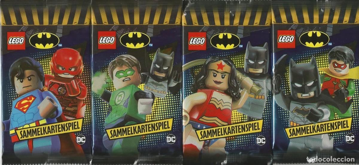 Trading cards: Lote 4 sobres sin abrir LEGO DC - 4 dise&ntilde;os distintos - Batman, Flash, Superman - Exclusivo Alemania