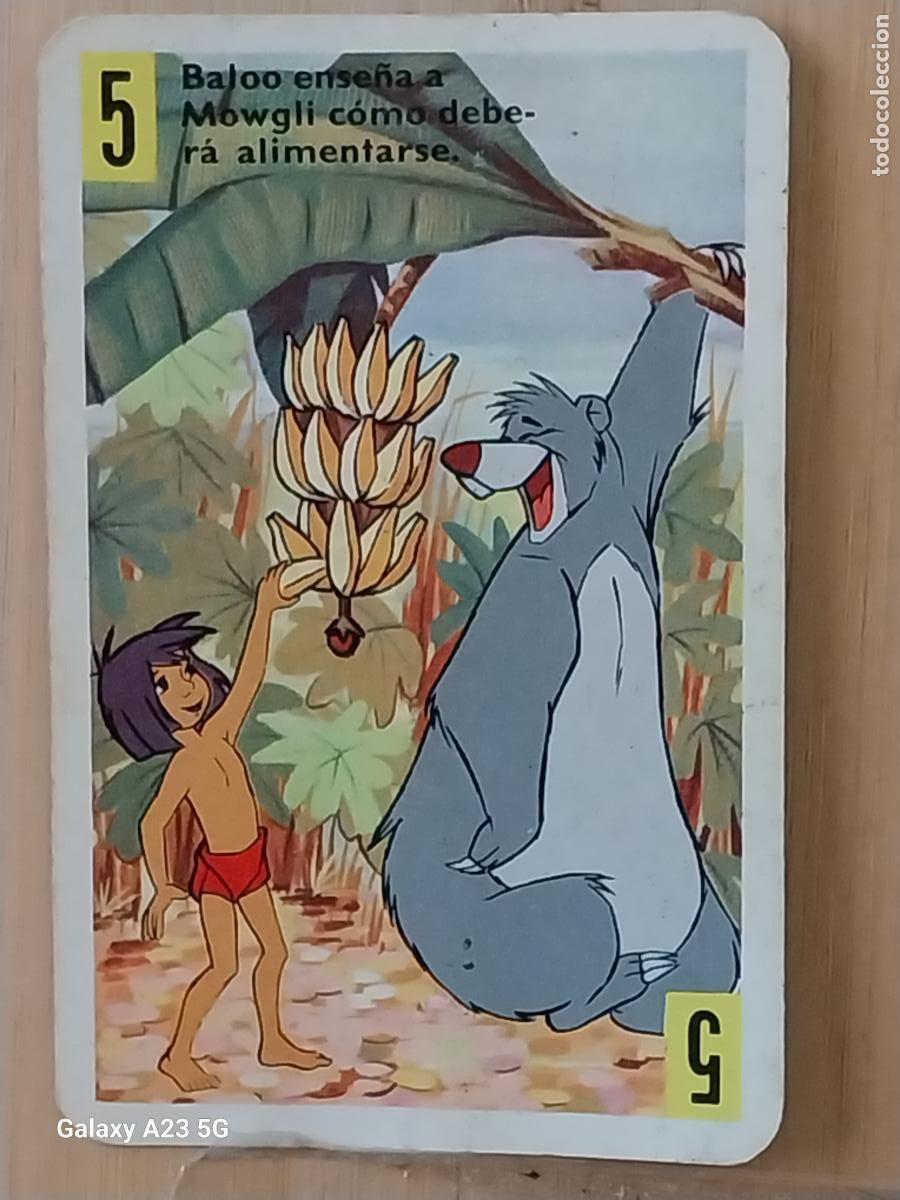 Trading cards: LIBRO DE LA SELVA A&Ntilde;O 1966 CARTA NAIPE AMARILLO 5 MOWGLI BALOO BANANAS