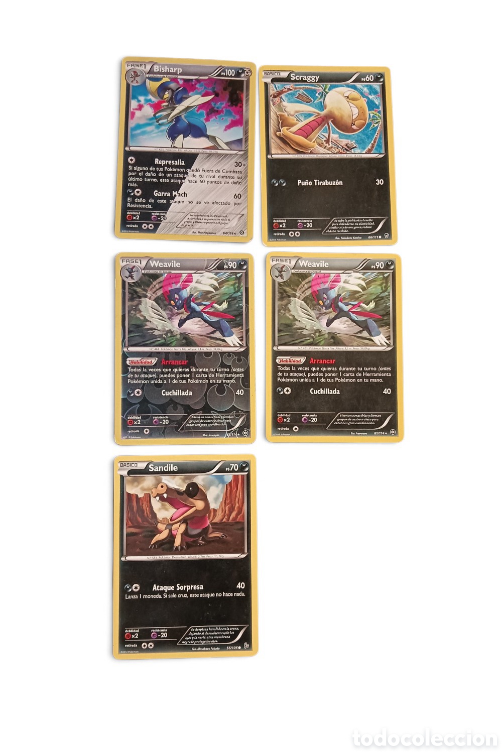 Trading cards: Lote 5 Cartas Pok&eacute;mon Tipo Siniestro Espa&ntilde;ol - Bisharp Holo, Weavile Reverse Holo, Scraggy