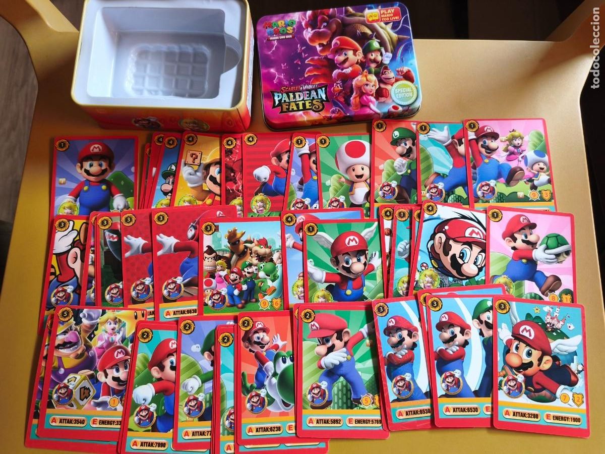 Trading cards: mario bros, trading card game scarlet violet, caja metalica + 45 cards